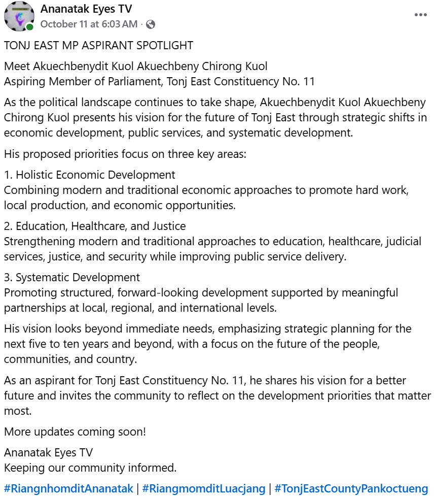 Media Coverage: Ananatak Eyes TV Spotlights Akuechbeny Kuol Akuechbeny’s Vision for Tonj East